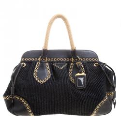 Prada Black Woven Straw and Leather Eyelet Frame Satchel