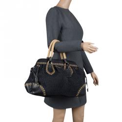 Prada Black Woven Straw and Leather Eyelet Frame Satchel