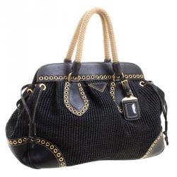 Pre Owned Prada Black Woven Straw and Leather Eyelet Frame Satchel