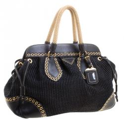 Prada Black Woven Straw and Leather Eyelet Frame Satchel