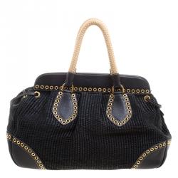 Prada Black Woven Straw and Leather Eyelet Frame Satchel