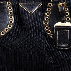 Prada Black Woven Straw and Leather Eyelet Frame Satchel