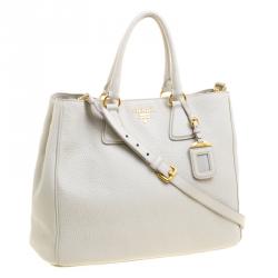 Pre Owned Prada Off White Vitello Daino Leather Shopper Tote