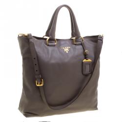 Pre Owned Prada Taupe Soft Leather Large Shopping Tote