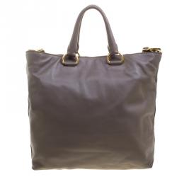 Pre Owned Prada Taupe Soft Leather Large Shopping Tote