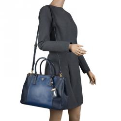 Pre Owned Prada Blue Bicolor Saffiano Lux Leather Medium Double Zip Tote