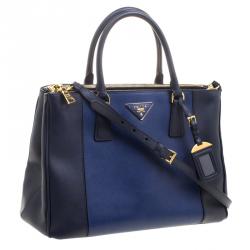 Pre Owned Prada Blue Bicolor Saffiano Lux Leather Medium Double Zip Tote