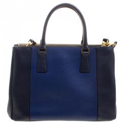 Pre Owned Prada Blue Bicolor Saffiano Lux Leather Medium Double Zip Tote