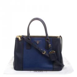 Pre Owned Prada Blue Bicolor Saffiano Lux Leather Medium Double Zip Tote