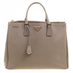 Pre Owned Prada Beige Saffiano Lux Leather Executive Double Zip Tote