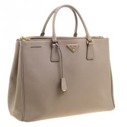 Pre Owned Prada Beige Saffiano Lux Leather Executive Double Zip Tote