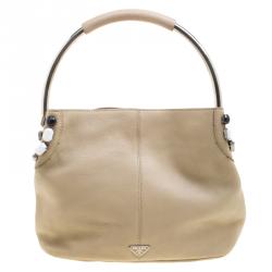 Pre Owned Prada Beige Leather Bead Embellished Hobo