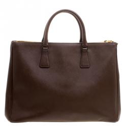 Pre Owned Prada Brown Saffiano Lux Leather Large Double Zip Tote