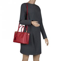 Pre Owned Prada Red Saffiano Lux Leather Mini Double Zip Tote