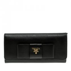 Pre Owned Prada Black Saffiano Fiocco Leather Bow Continental Wallet