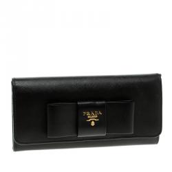 Pre Owned Prada Black Saffiano Fiocco Leather Bow Continental Wallet