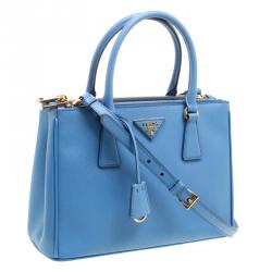 Pre Owned Prada Blue Saffiano Lux Leather Small Double Zip Tote