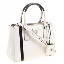 Pre Owned Prada White/Black Saffiano Lux Leather Small Double Zip Tote