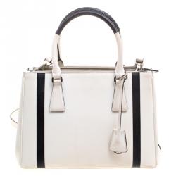 Pre Owned Prada White/Black Saffiano Lux Leather Small Double Zip Tote