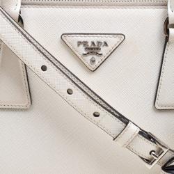 Pre Owned Prada White/Black Saffiano Lux Leather Small Double Zip Tote