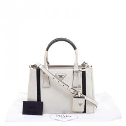 Pre Owned Prada White/Black Saffiano Lux Leather Small Double Zip Tote