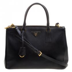 Pre Owned Prada Black Saffiano Lux Leather Medium Double Zip Tote