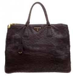 Pre Owned Prada Brown Ostrich Leather Executive Double Zip Tote