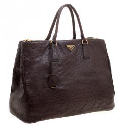 Pre Owned Prada Brown Ostrich Leather Executive Double Zip Tote