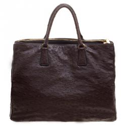 Pre Owned Prada Brown Ostrich Leather Executive Double Zip Tote