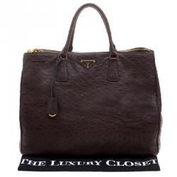 Pre Owned Prada Brown Ostrich Leather Executive Double Zip Tote