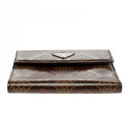 Pre Owned Prada Brown Printed Glossy Leather Compact Wallet