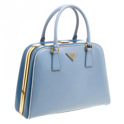 Pre Owned Prada Two Tone Blue Saffiano Leather Frame Top Handle Bag