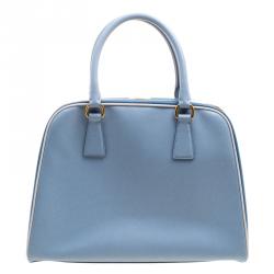Pre Owned Prada Two Tone Blue Saffiano Leather Frame Top Handle Bag