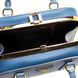 Pre Owned Prada Two Tone Blue Saffiano Leather Frame Top Handle Bag