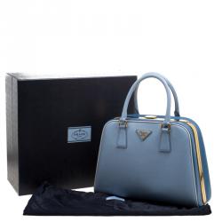 Pre Owned Prada Two Tone Blue Saffiano Leather Frame Top Handle Bag