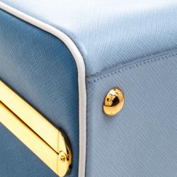 Pre Owned Prada Two Tone Blue Saffiano Leather Frame Top Handle Bag