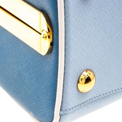 Pre Owned Prada Two Tone Blue Saffiano Leather Frame Top Handle Bag