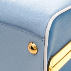 Pre Owned Prada Two Tone Blue Saffiano Leather Frame Top Handle Bag