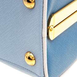 Pre Owned Prada Two Tone Blue Saffiano Leather Frame Top Handle Bag