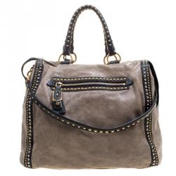 Pre Owned Prada Beige Talco Craquele Leather Large Studded Bauletto Tote