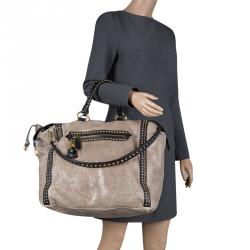 Pre Owned Prada Beige Talco Craquele Leather Large Studded Bauletto Tote