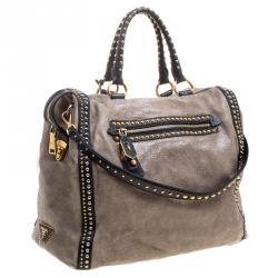 Pre Owned Prada Beige Talco Craquele Leather Large Studded Bauletto Tote