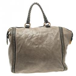 Pre Owned Prada Beige Talco Craquele Leather Large Studded Bauletto Tote