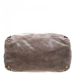 Pre Owned Prada Beige Talco Craquele Leather Large Studded Bauletto Tote