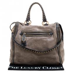 Pre Owned Prada Beige Talco Craquele Leather Large Studded Bauletto Tote