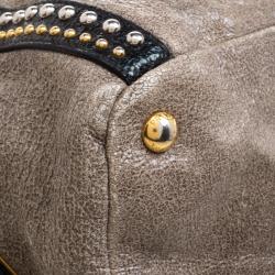 Pre Owned Prada Beige Talco Craquele Leather Large Studded Bauletto Tote