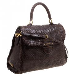Pre Owned Prada Dark Brown Woven Goatskin Leather Madras Top Handle Bag