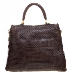 Pre Owned Prada Dark Brown Woven Goatskin Leather Madras Top Handle Bag