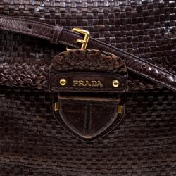Pre Owned Prada Dark Brown Woven Goatskin Leather Madras Top Handle Bag