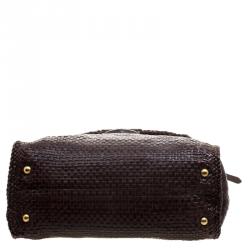 Pre Owned Prada Dark Brown Woven Goatskin Leather Madras Top Handle Bag